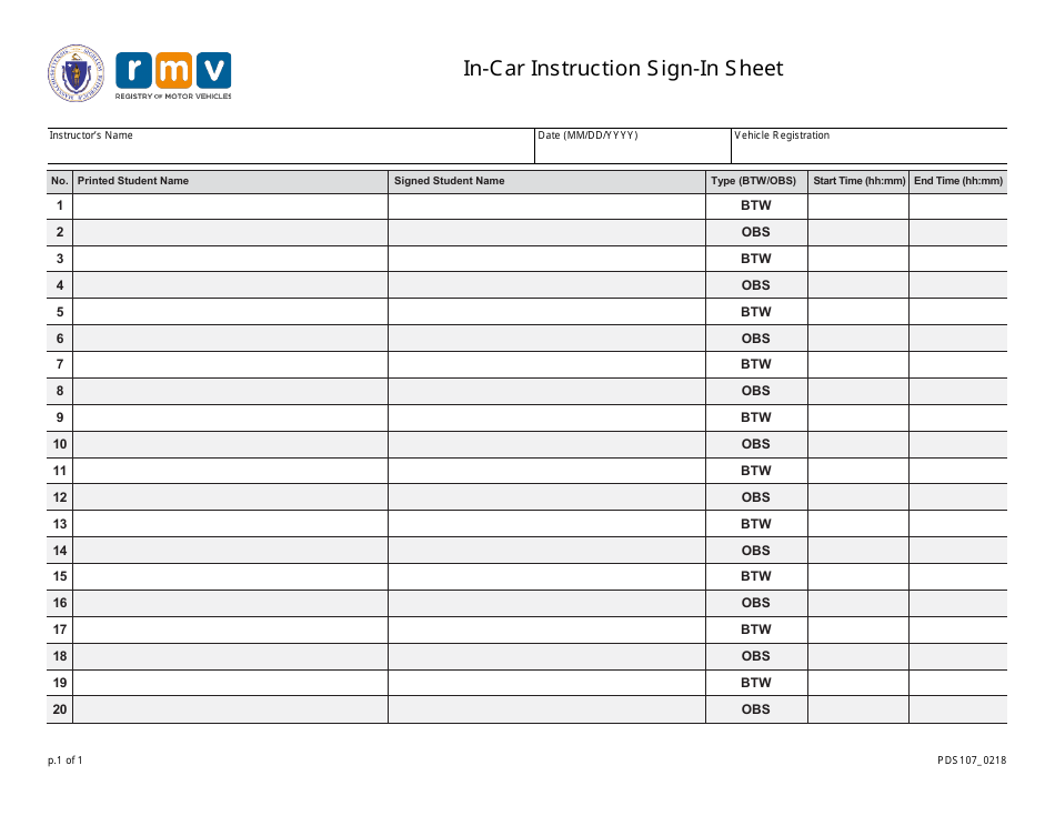 Form PDS107 In-car Instruction Sign-In Sheet - Massachusetts, Page 1