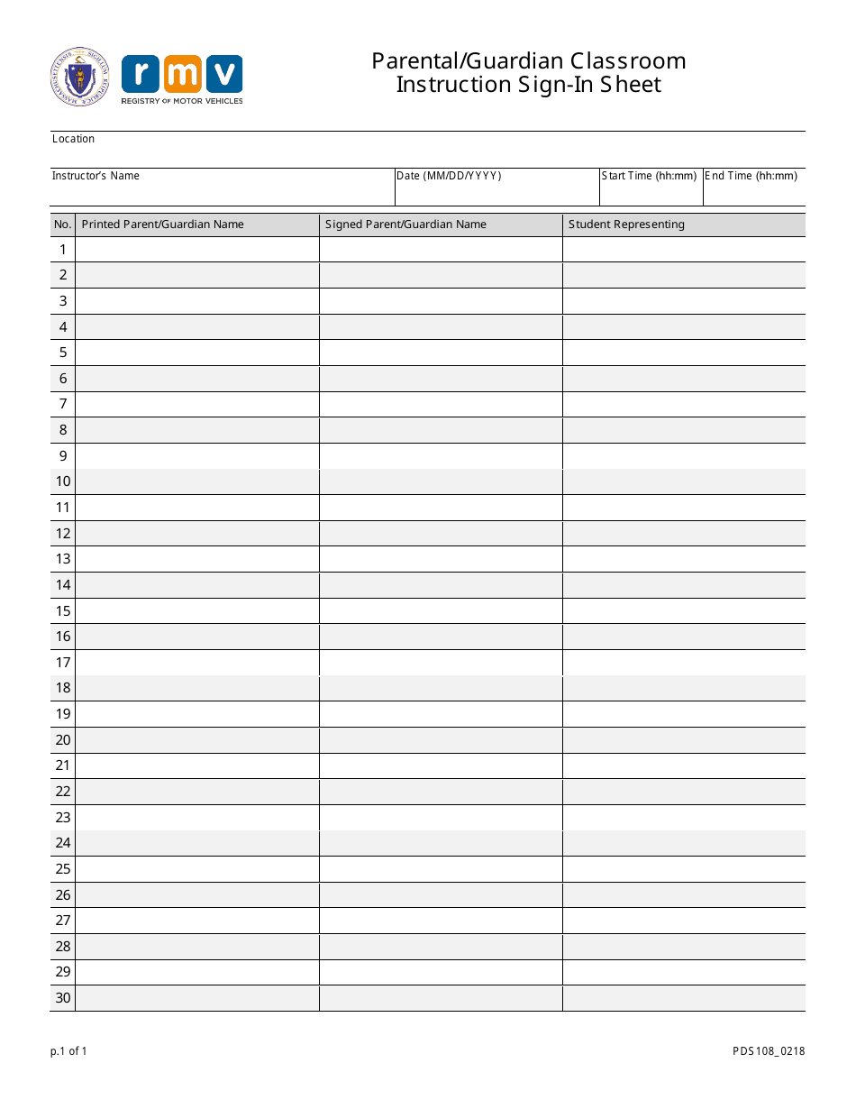 Form PDS108 Parental / Guardian Classroom Instruction Sign-In Sheet - Massachusetts, Page 1