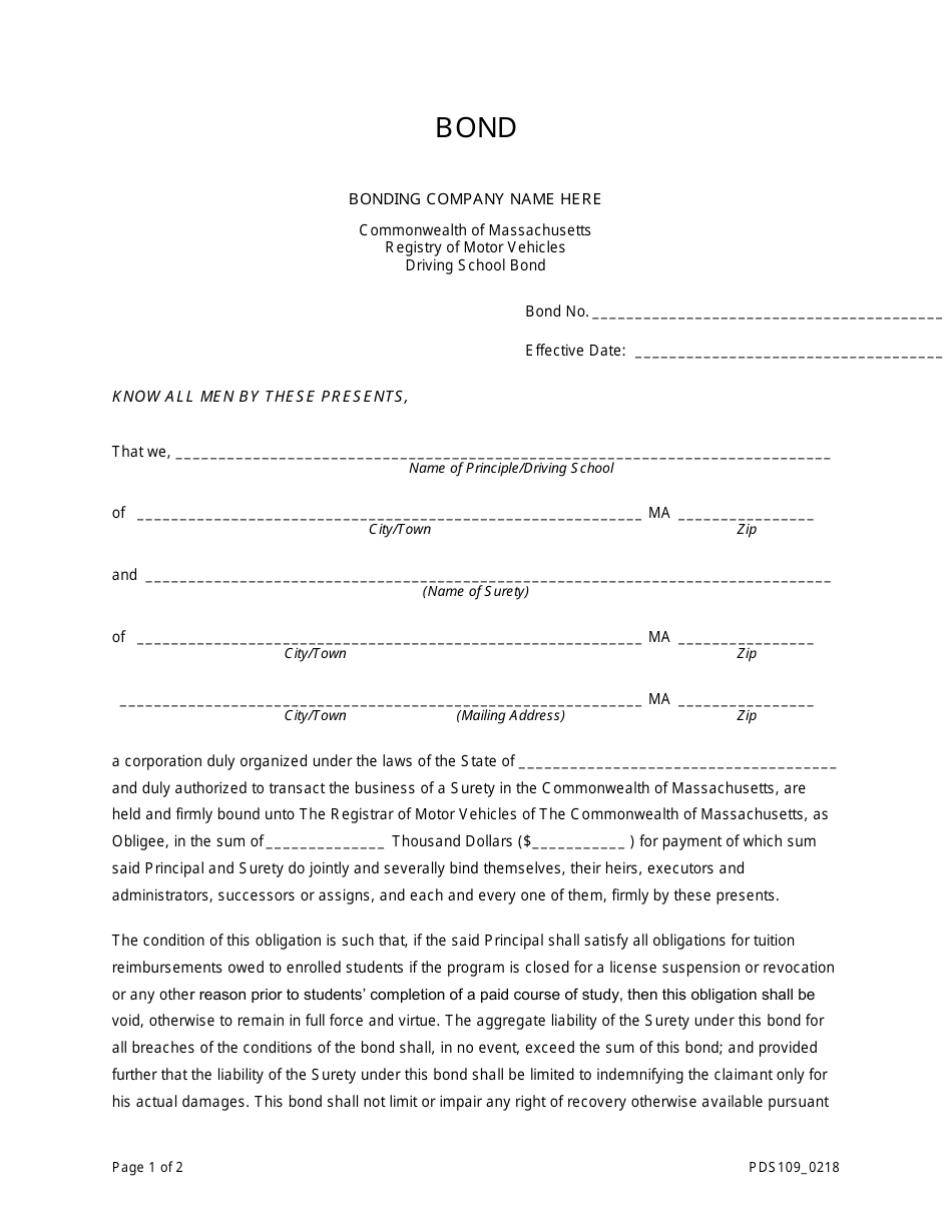 Form PDS109 Driving School Bond - Massachusetts, Page 1