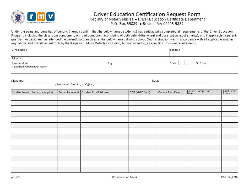 Form PDS106 Driver Education Certification Request Form - Massachusetts, Page 1