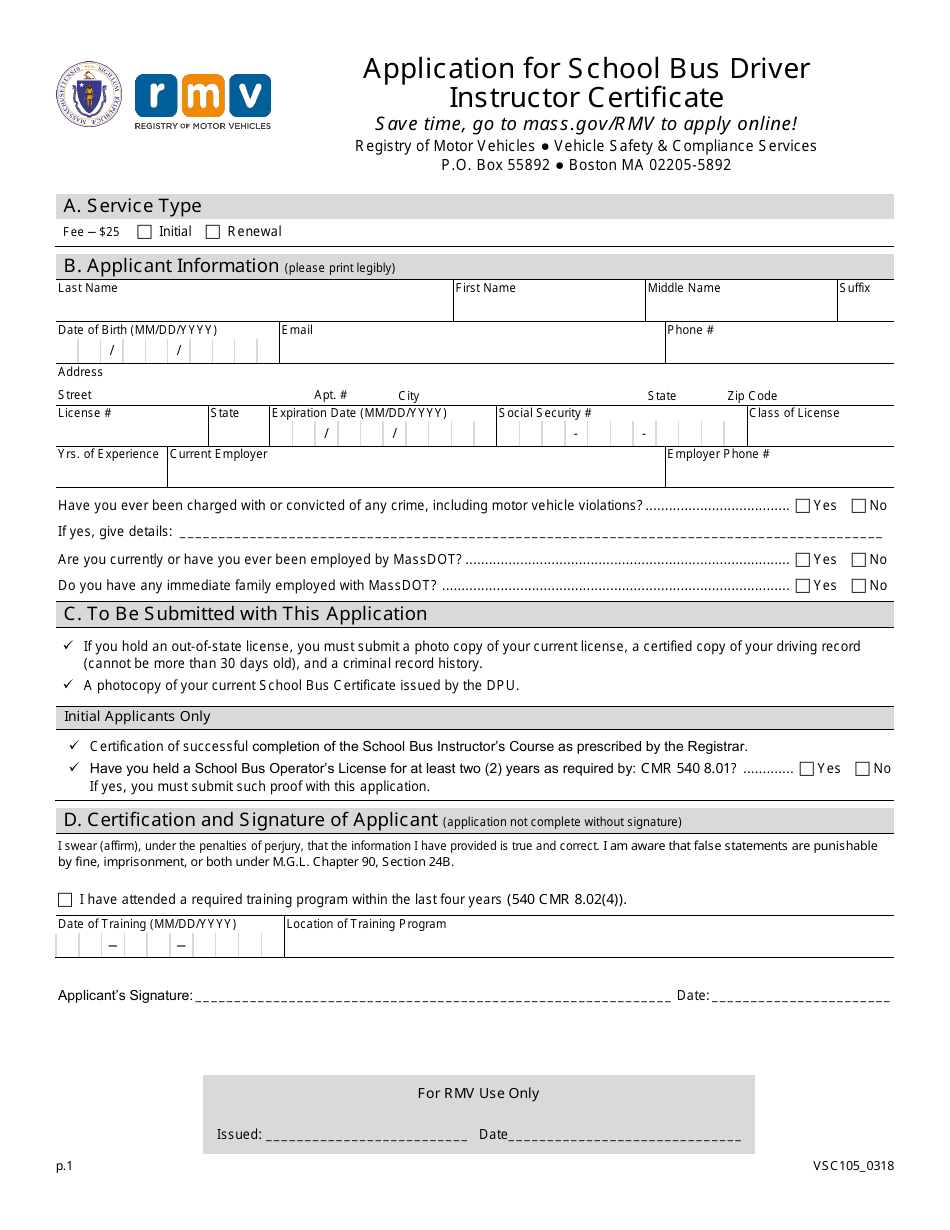 Form VSC105 Application for School Bus Driver Instructor Certificate - Massachusetts, Page 1