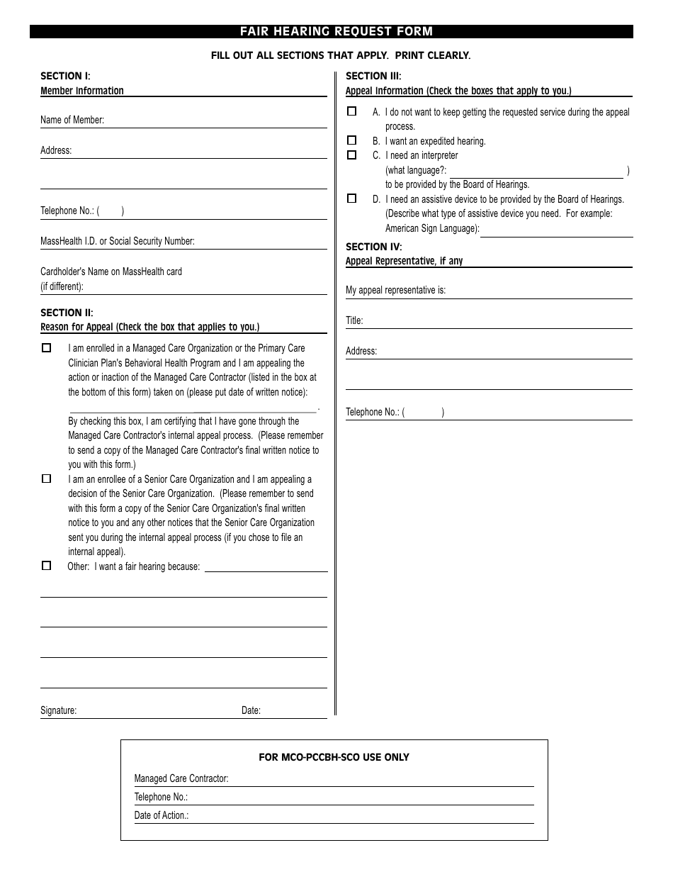 Form FHR / MCO-PCCBH-SCO Fair Hearing Request Form - Massachusetts, Page 2