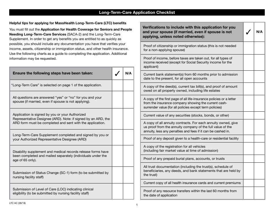 Form LTC AC Long-Term-Care Application Checklist - Massachusetts, Page 1