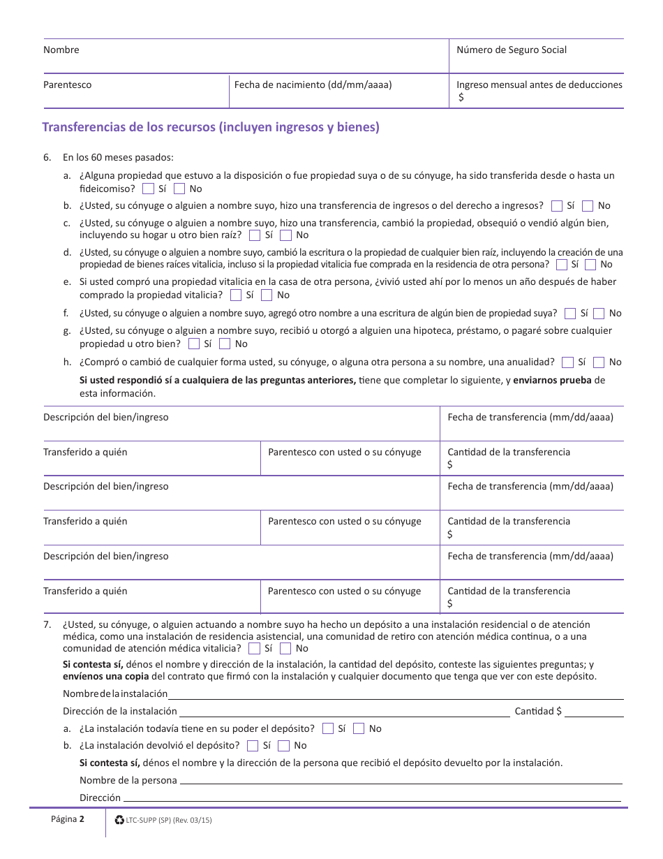 Formulario LTC-SUPP (SP) Suplemento Para Atencion a Largo Plazo - Massachusetts (Spanish), Page 2