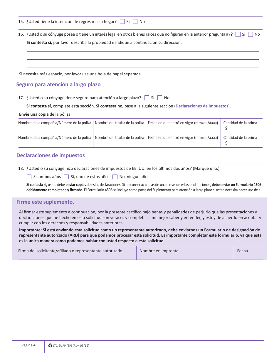 Formulario LTC-SUPP (SP) Suplemento Para Atencion a Largo Plazo - Massachusetts (Spanish), Page 4