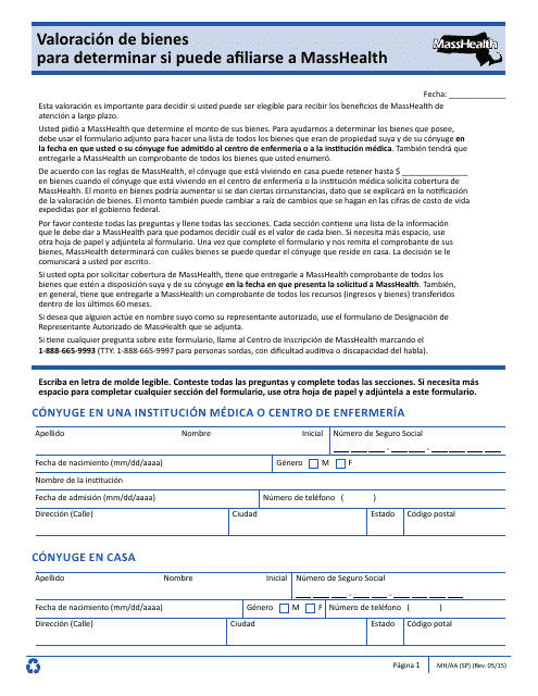Formulario MH/AA (SP) Valoracion De Bienes Para Determinar Si Puede Afiliarse a Masshealth - Massachusetts (Spanish)