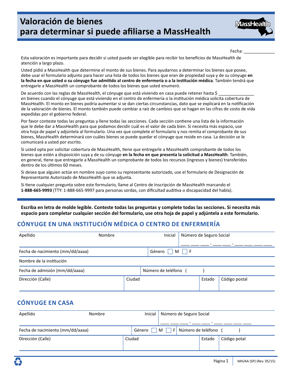 Formulario MH / AA (SP) Valoracion De Bienes Para Determinar Si Puede Afiliarse a Masshealth - Massachusetts (Spanish), Page 1