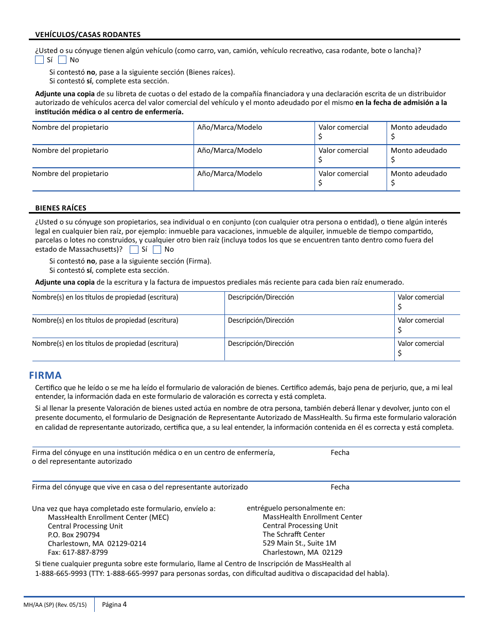 Formulario MH / AA (SP) Valoracion De Bienes Para Determinar Si Puede Afiliarse a Masshealth - Massachusetts (Spanish), Page 4