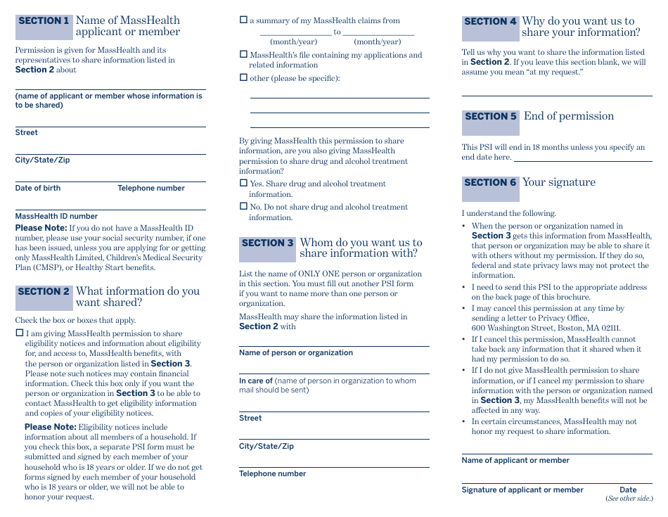 Form PSI Permission to Share Information (Psi) Form - Massachusetts, Page 2
