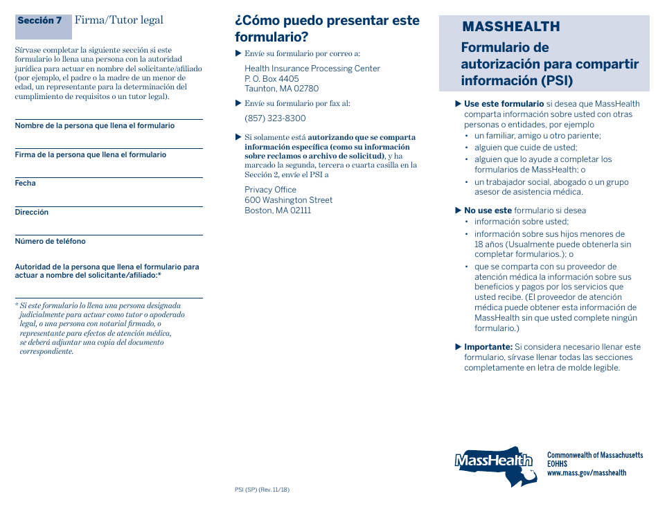 Formulario PSI (SP) Formulario De Autorizacion Para Compartir Informacion (Psi) - Massachusetts (Spanish), Page 1