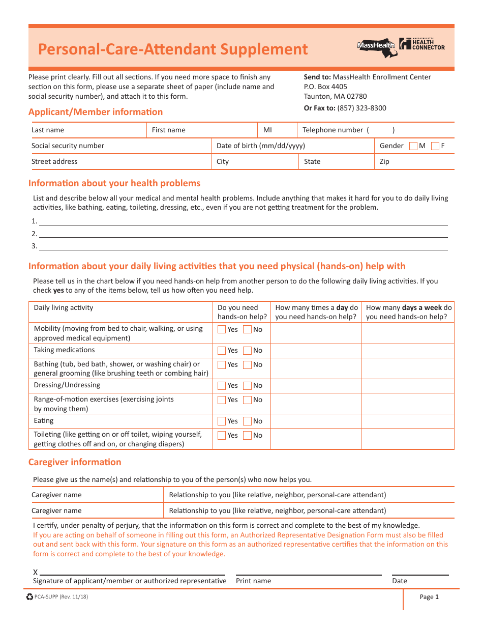 Form PCA-SUPP Personal-Care-Attendant Supplement - Massachusetts, Page 1