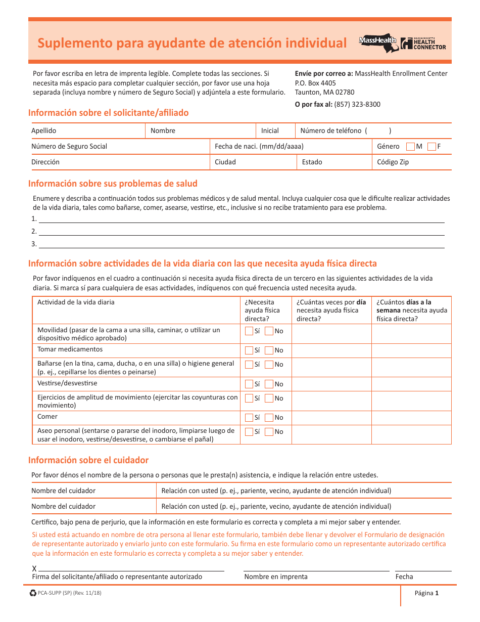 Formulario PCA-SUPP (SP) Suplemento Para Ayudante De Atencion Individual - Massachusetts (Spanish), Page 1