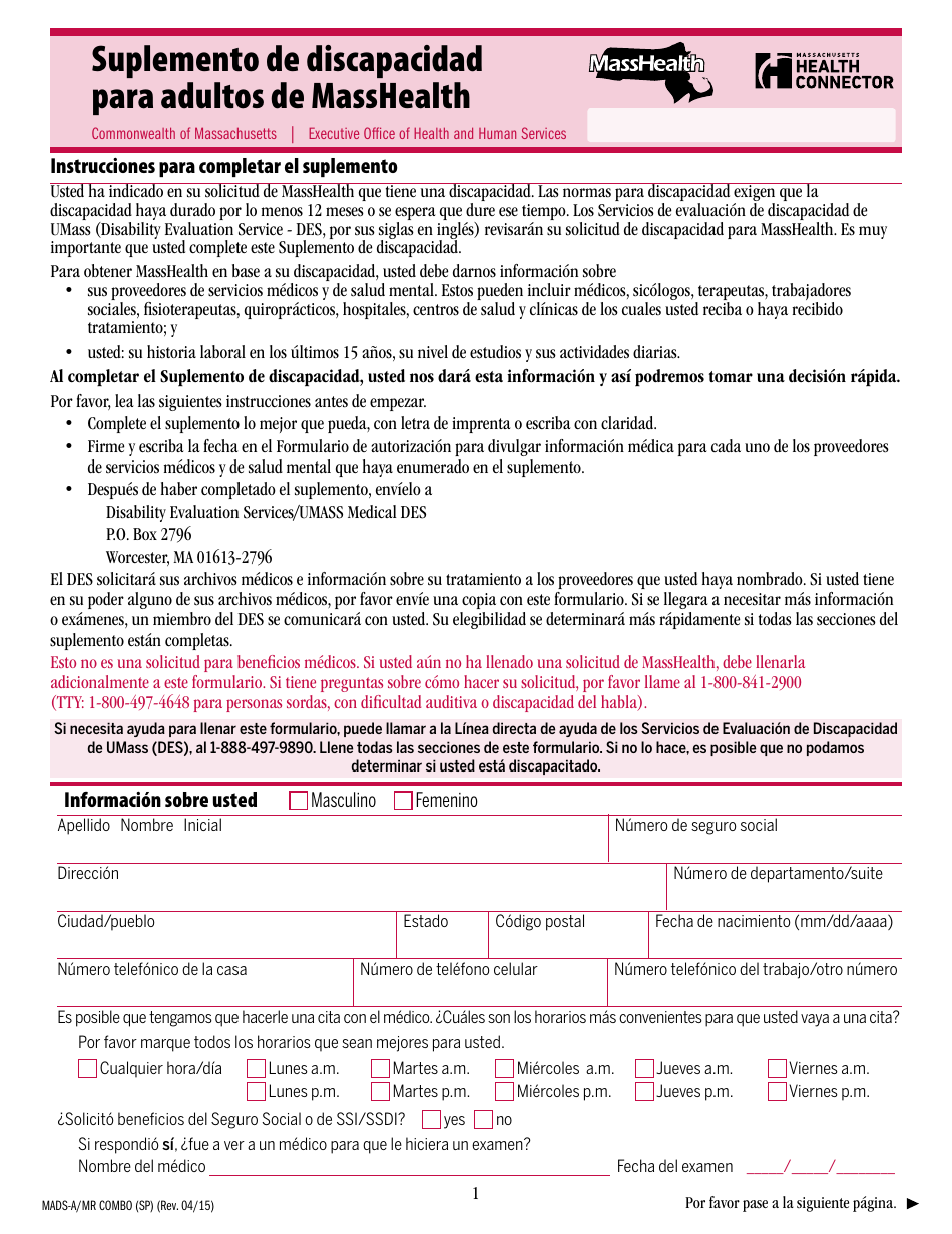 Formulario MADS-A/MR COMBO (SP) Suplemento De Discapacidad Para Adultos De Masshealth - Massachusetts (Spanish), Page 1