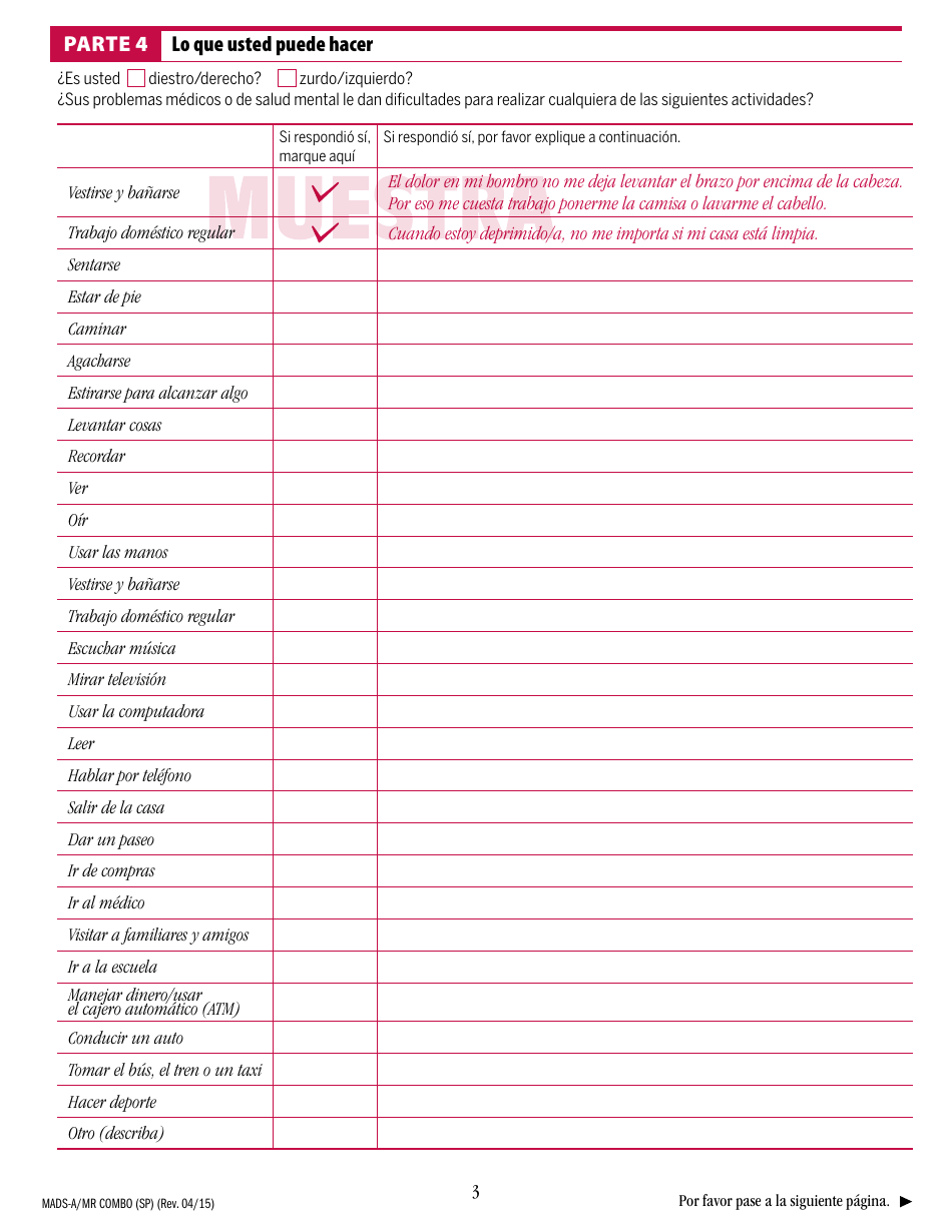 Formulario MADS-A / MR COMBO (SP) Suplemento De Discapacidad Para Adultos De Masshealth - Massachusetts (Spanish), Page 3