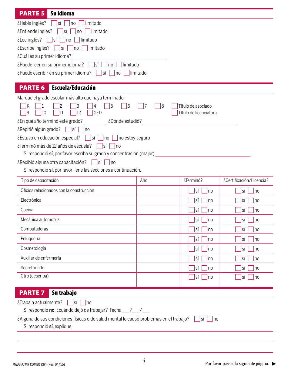 Formulario MADS-A / MR COMBO (SP) Suplemento De Discapacidad Para Adultos De Masshealth - Massachusetts (Spanish), Page 4
