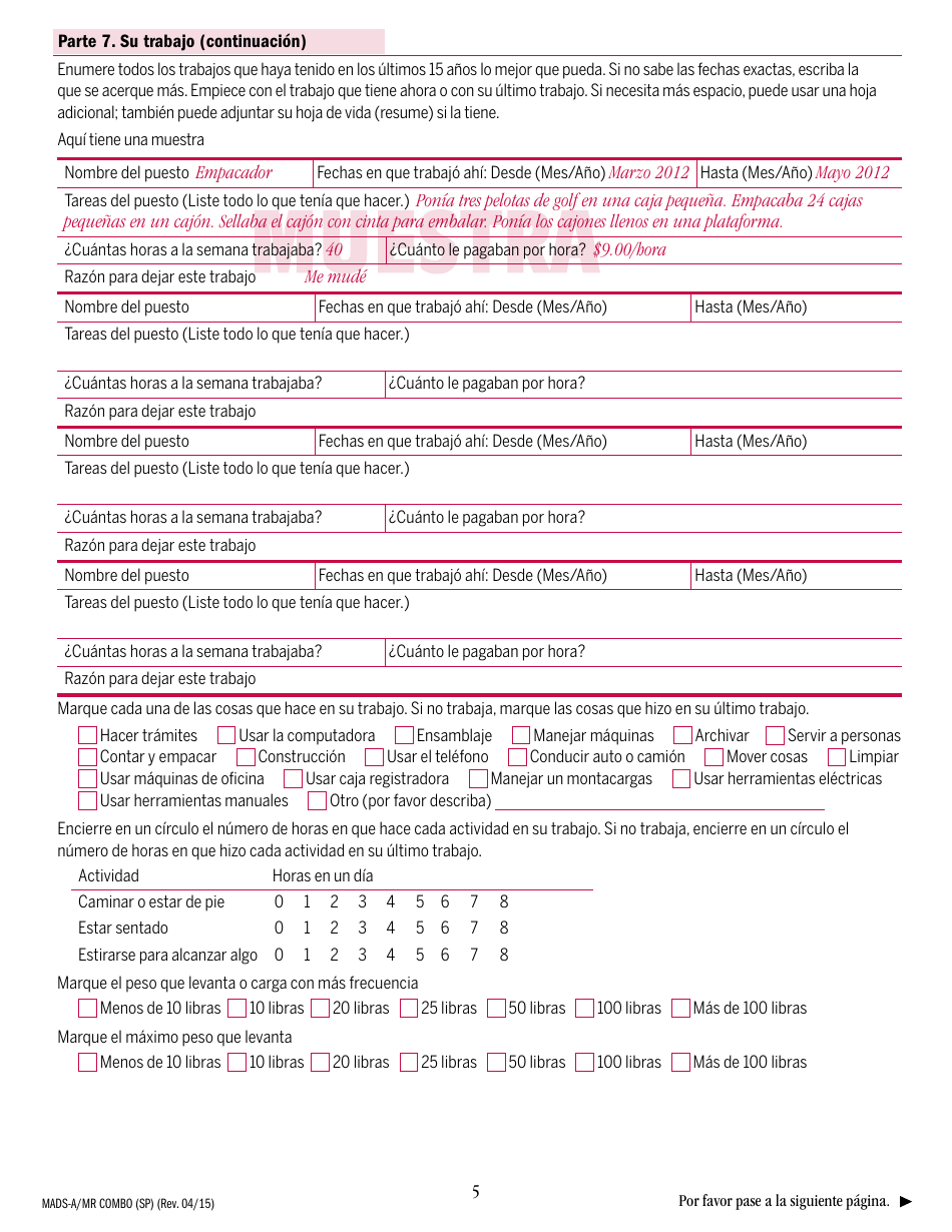 Formulario MADS-A / MR COMBO (SP) Suplemento De Discapacidad Para Adultos De Masshealth - Massachusetts (Spanish), Page 5
