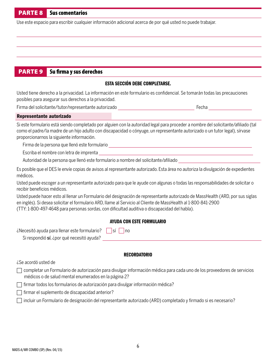 Formulario MADS-A / MR COMBO (SP) Suplemento De Discapacidad Para Adultos De Masshealth - Massachusetts (Spanish), Page 6