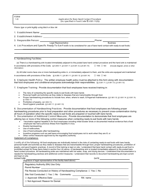 Form 1-D Application for Bare Hand Contact Procedure - Michigan