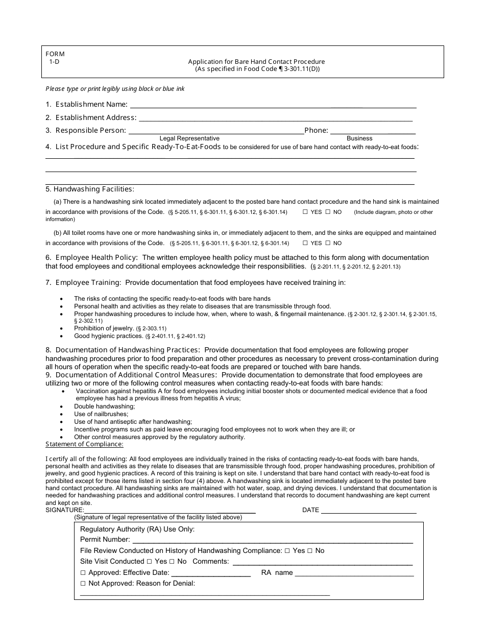 Form 1-D Application for Bare Hand Contact Procedure - Michigan, Page 1