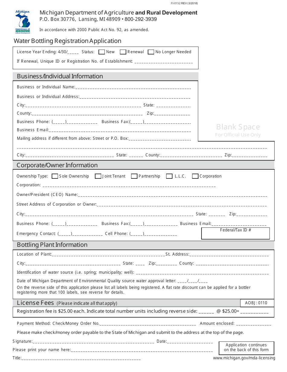 Form FI-0152 Water Bottling Registration Application - Michigan, Page 1