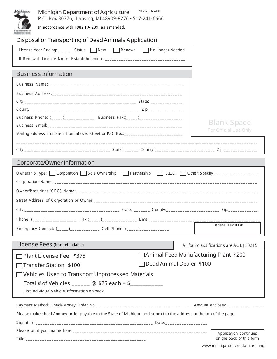 Form AH-062 Disposal or Transporting of Dead Animals Application - Michigan, Page 1
