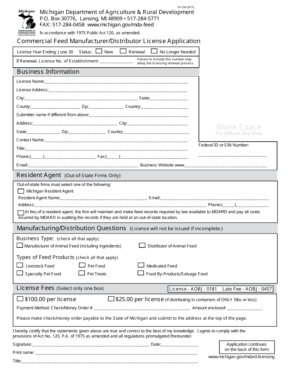Form PI-134 Commercial Feed Manufacturer / Distributor License Application - Michigan, Page 1
