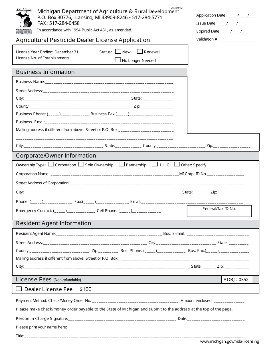 Form PI-233 Agricultural Pesticide Dealer License Application - Michigan, Page 1
