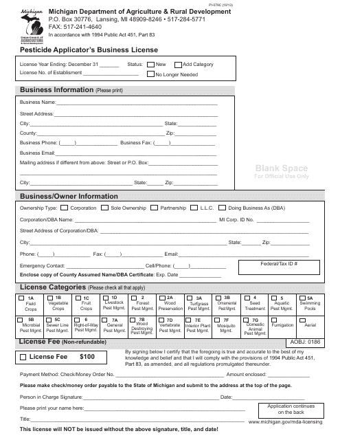 Form PI-079C Pesticide Applicator's Business License - Michigan