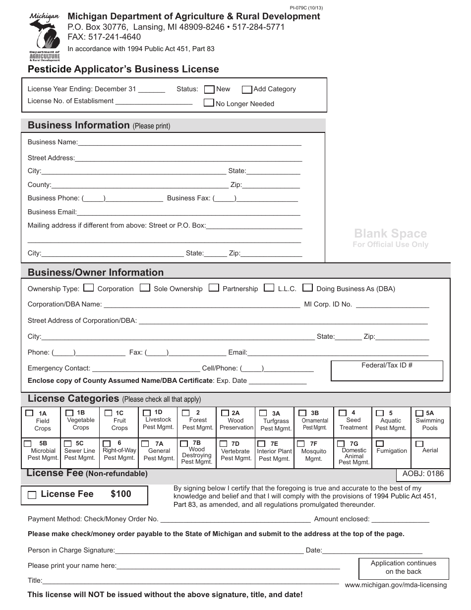 Form PI-079C Pesticide Applicators Business License - Michigan, Page 1