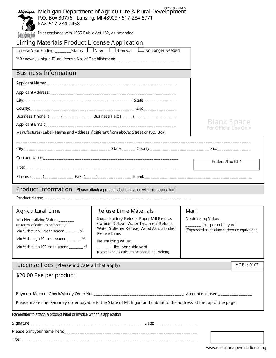 Form PI-150 Liming Materials Product License Application - Michigan, Page 1