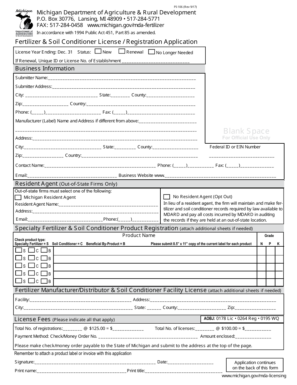 Form PI-106 Fertilizer  Soil Conditioner License / Registration Application - Michigan, Page 1