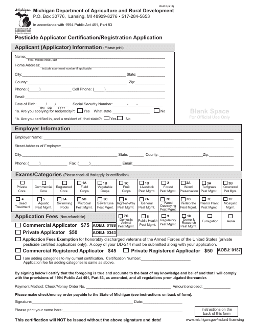 Form PI-232 Pesticide Applicator Certification/Registration Application - Michigan