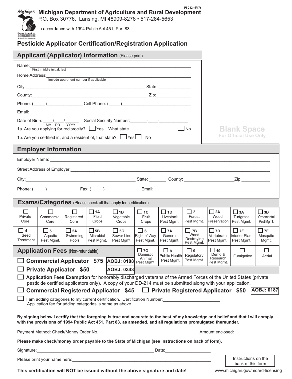 Form PI-232 Pesticide Applicator Certification / Registration Application - Michigan, Page 1