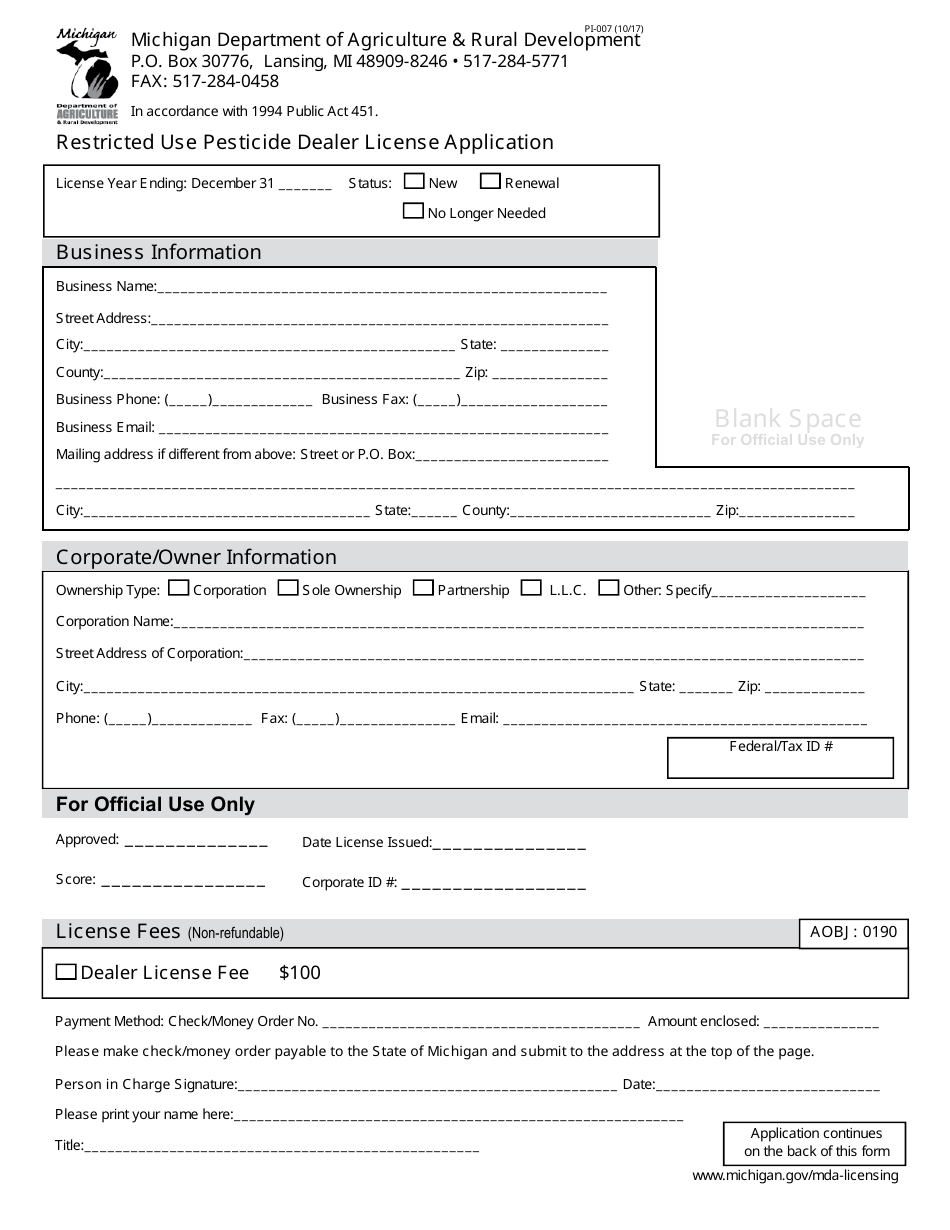 Form PI-007 Restricted Use Pesticide Dealer License Application - Michigan, Page 1
