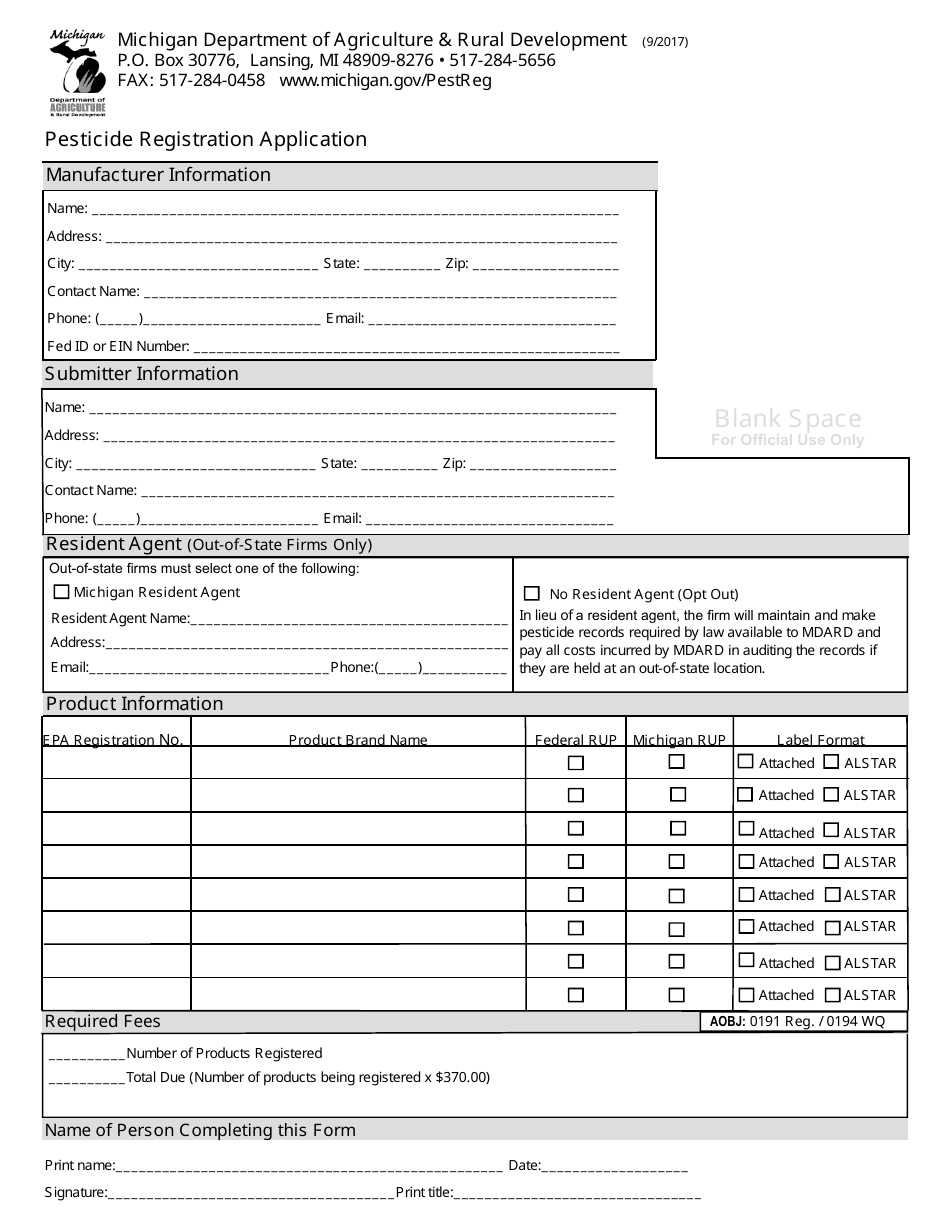 Pesticide Registration Application Form - Michigan, Page 1
