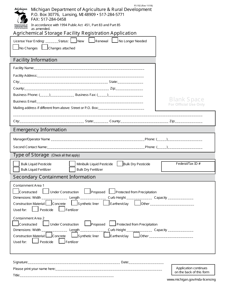 Form PI-192 Agrichemical Storage Facility Registration Application - Michigan, Page 1