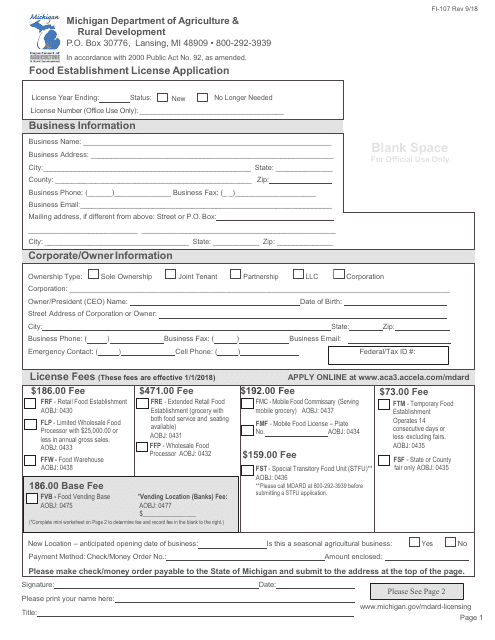 Form FI-107 Food Establishment License Application - Michigan