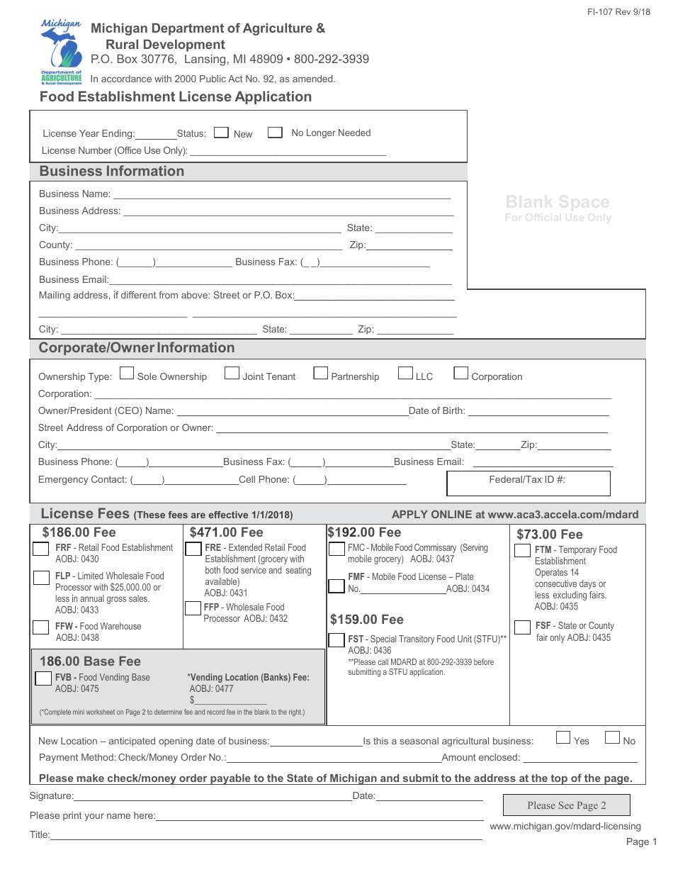 Form FI-107 Food Establishment License Application - Michigan, Page 1