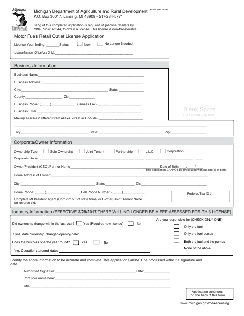 Form FL-174 Motor Fuels Retail Outlet License Application - Michigan
