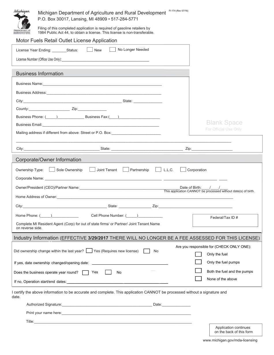 Form FL-174 Motor Fuels Retail Outlet License Application - Michigan, Page 1