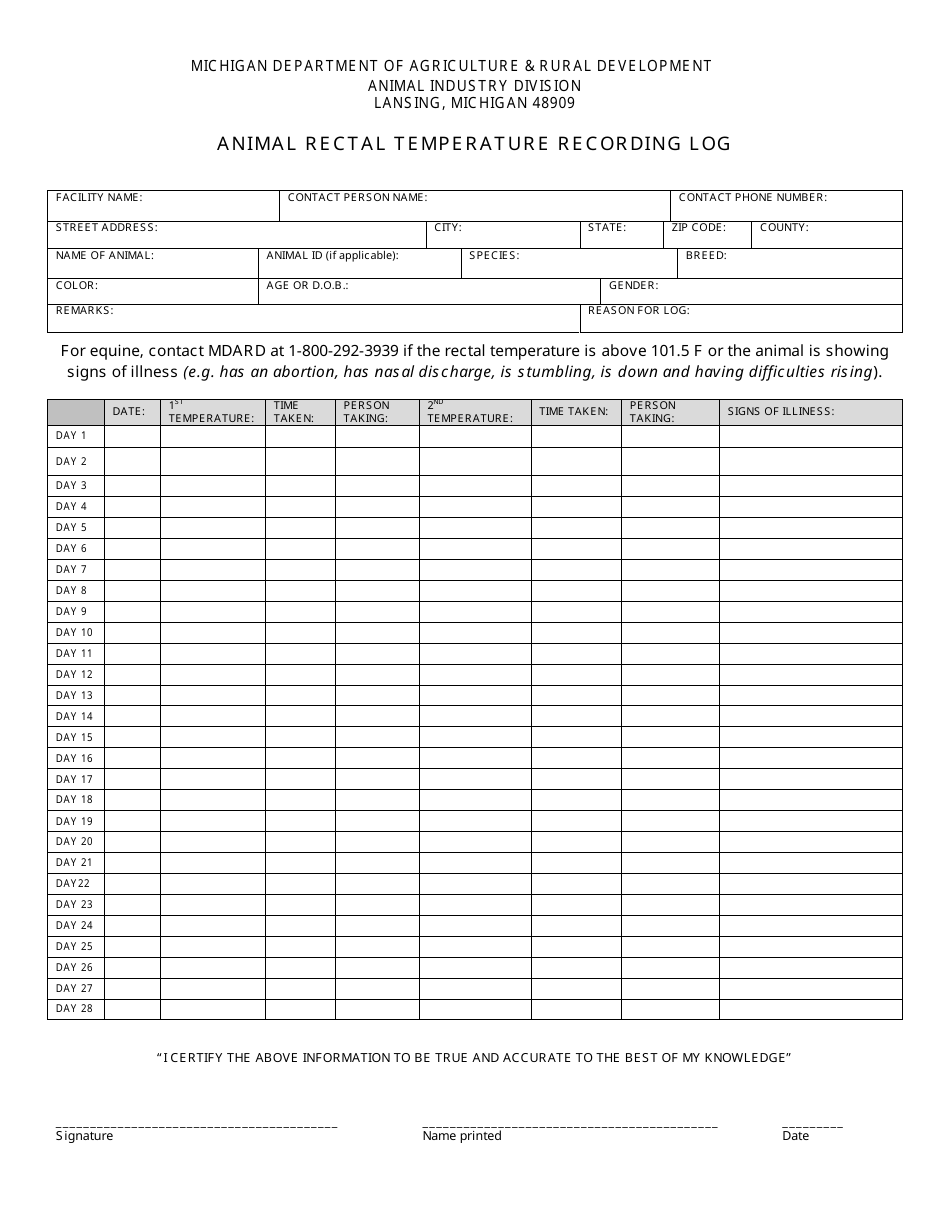 Michigan Animal Rectal Temperature Recording Log Fill Out, Sign