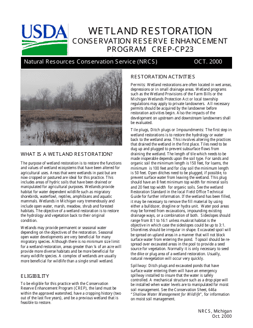 Form CP-23 Wetland Restoration Design Worksheet - Michigan