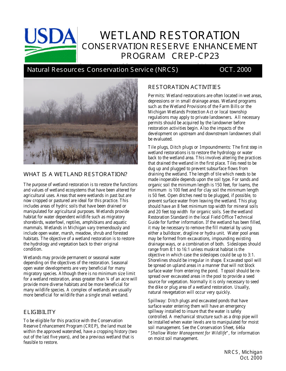 Form CP-23 Wetland Restoration Design Worksheet - Michigan, Page 1