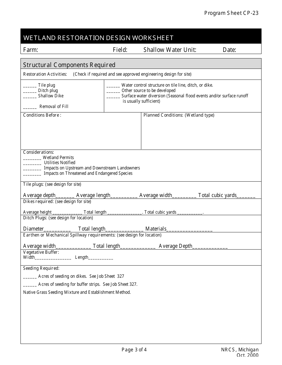Form CP-23 Wetland Restoration Design Worksheet - Michigan, Page 3