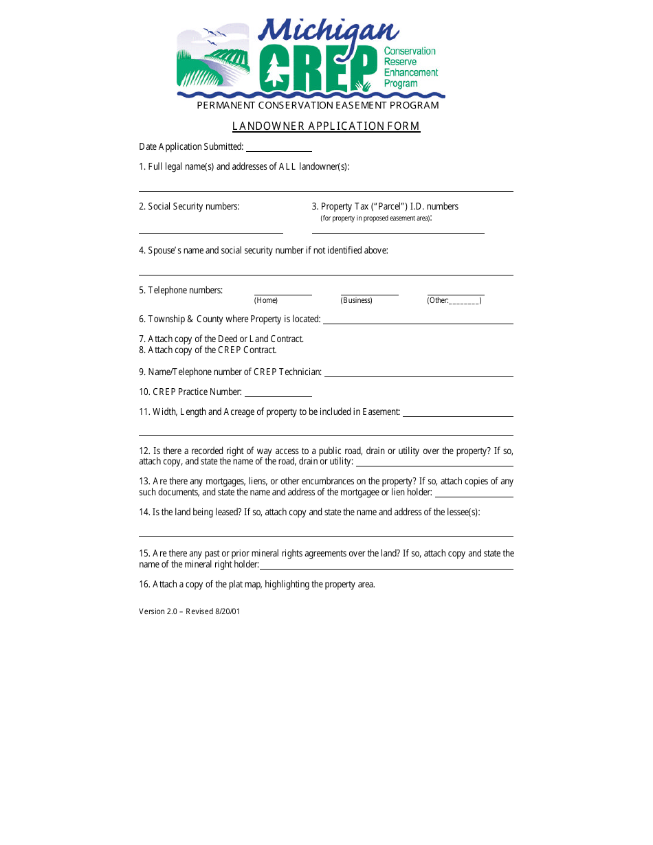 Michigan Landowner Application Form Permanent Conservation Easement