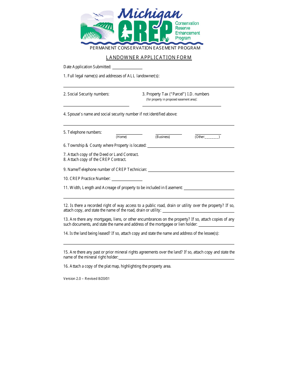 Landowner Application Form - Permanent Conservation Easement Program - Michigan, Page 1