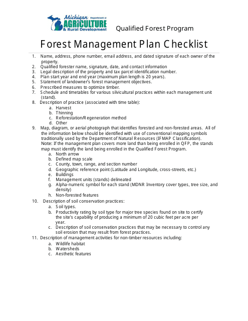 Forest Management Plan Checklist - Qualified Forest Program - Michigan