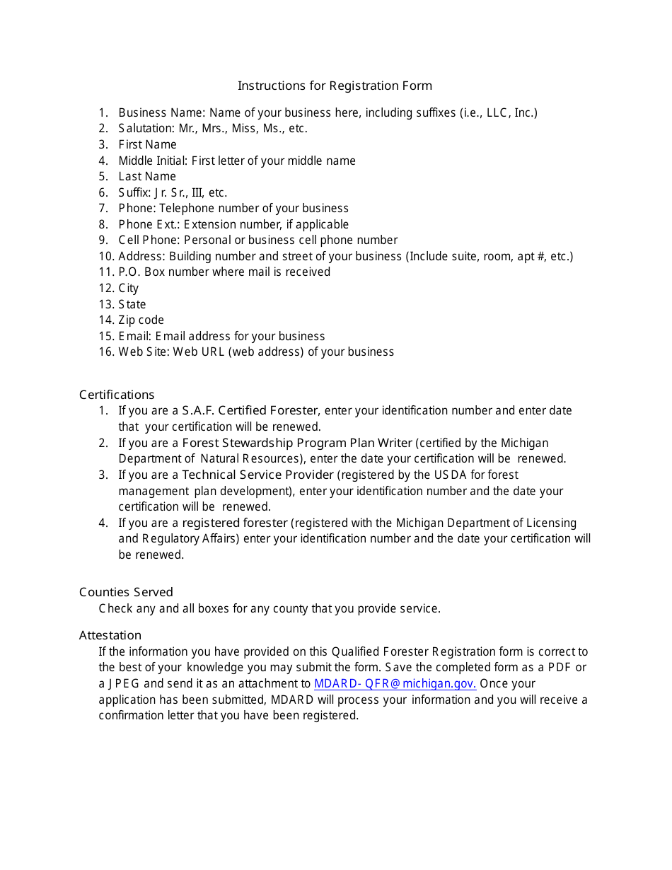 Instructions for Qualified Forester Registration Form - Michigan, Page 1