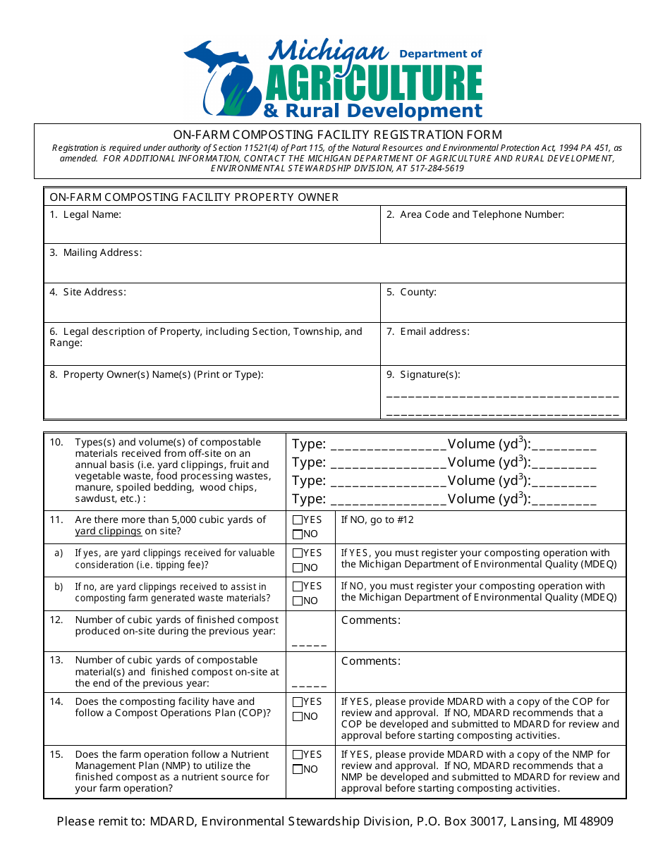 On-Farm Composting Facility Registration Form - Michigan, Page 1
