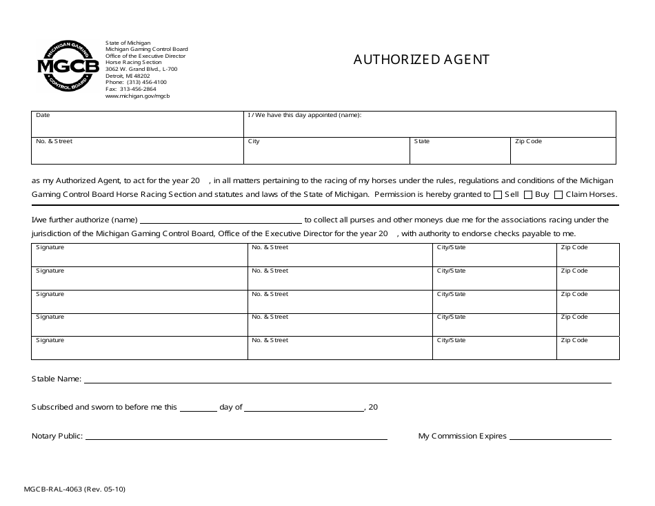 Form MGCB-RAL-4063 Authorized Agent - Michigan, Page 1